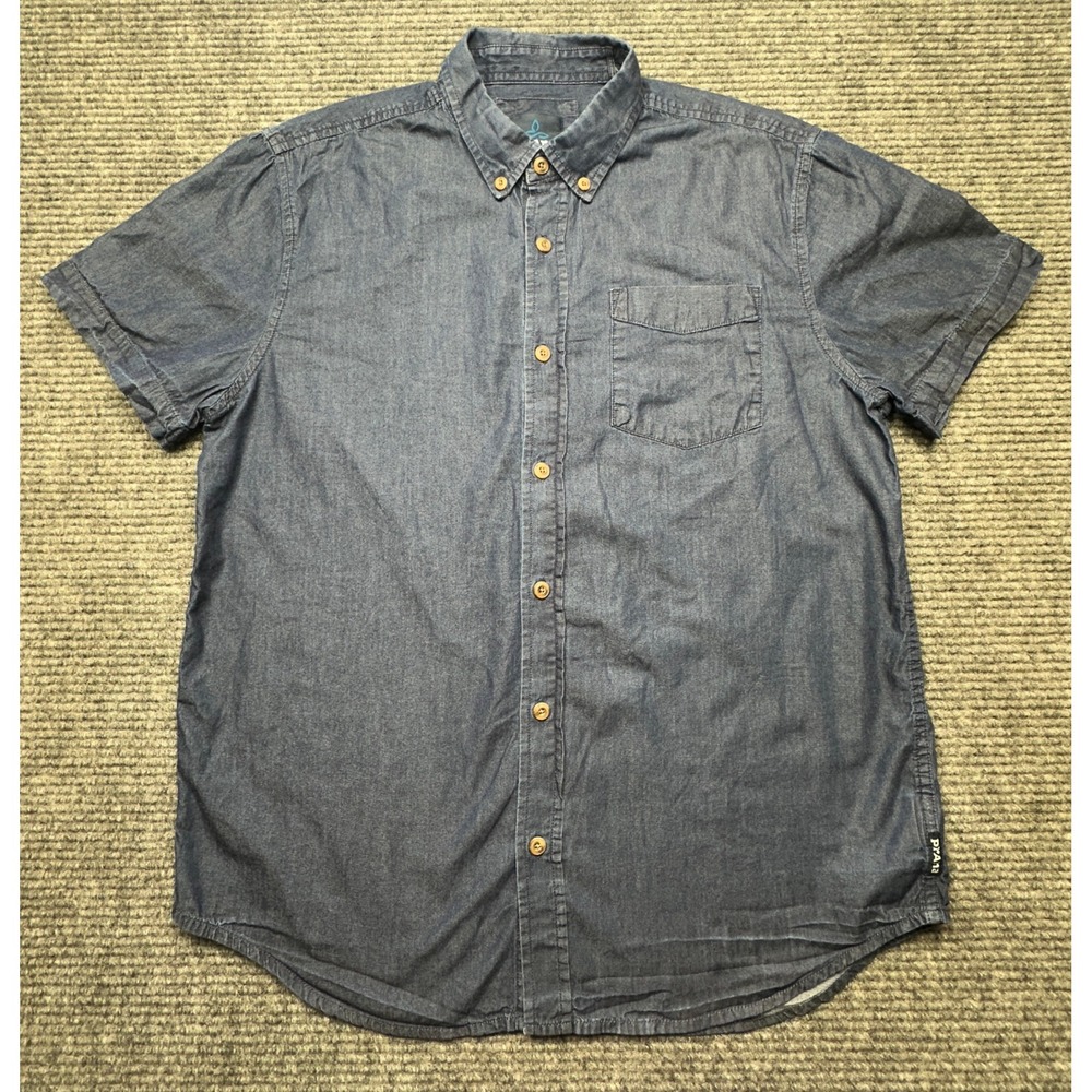 Prana Button Down Mens Medium Blue Organic Cotton Short Sleeve Chambray